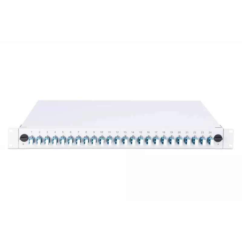 Caja de empalme deslizante de fibra óptica DIGITUS, 1U, equipada con 24x LC dúplex, incl. tornillo M25, cassette de empalme monomodo OS2, pigtails de colores