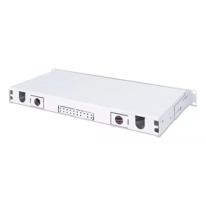 Caja de empalme deslizante de fibra óptica DIGITUS, 1U, equipada con 24x LC dúplex, incl. tornillo M25, cassette de empalme monomodo OS2, pigtails de colores