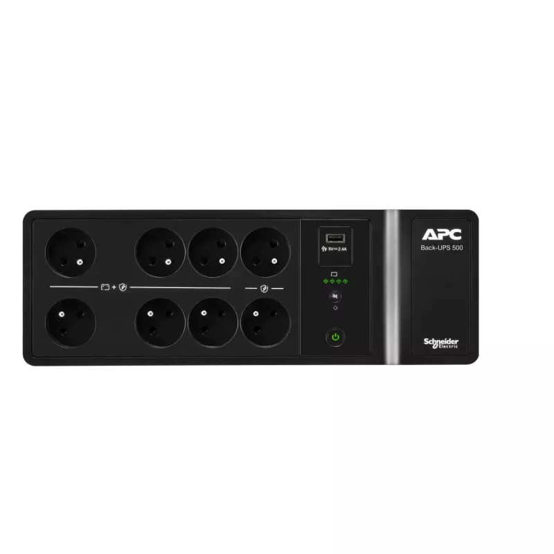 APC Back-UPS, 500VA/300W montaje en suelo/pared, 230V, 8x tomas francesas/belgas, conector USB Type-A, batería reemplazable por el usuario