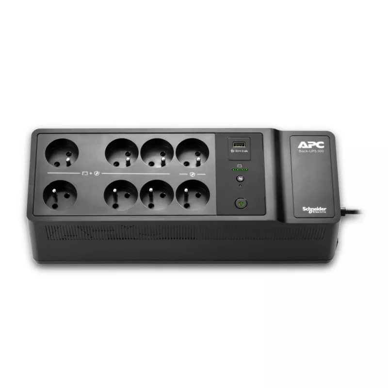 APC Back-UPS, 500VA/300W montaje en suelo/pared, 230V, 8x tomas francesas/belgas, conector USB Type-A, batería reemplazable por el usuario
