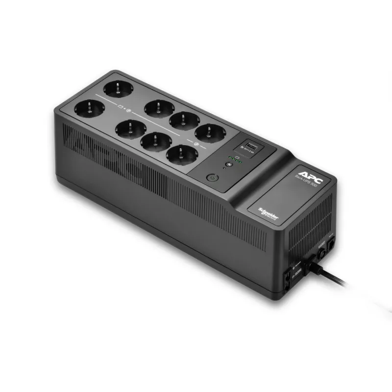 APC Back-UPS, 500VA/300W montaje en suelo/pared, 230V, 8x tomas Schuko CEE 7/3, conector USB Type-A, batería reemplazable por el usuario