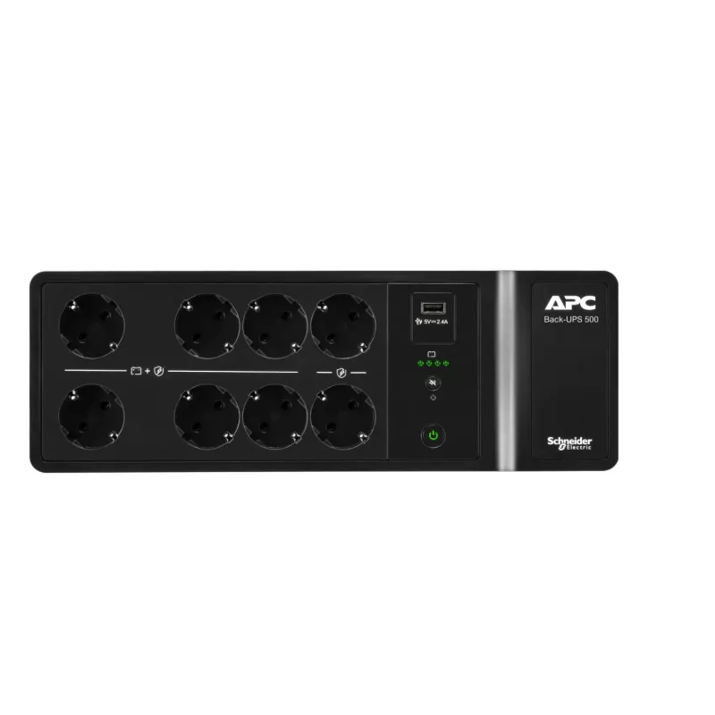 APC Back-UPS, 500VA/300W montaje en suelo/pared, 230V, 8x tomas Schuko CEE 7/3, conector USB Type-A, batería reemplazable por el usuario