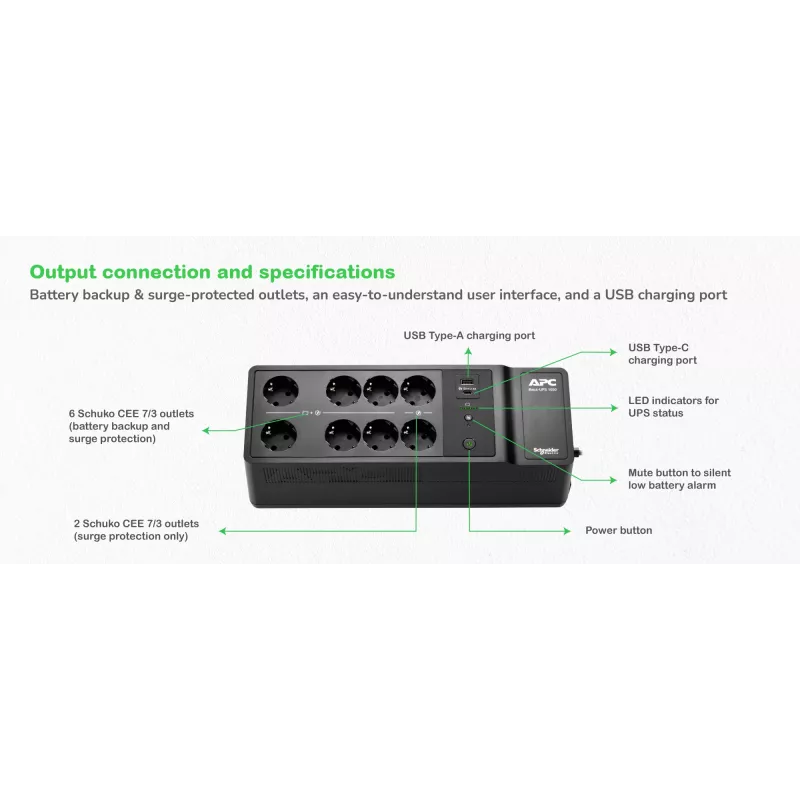 APC Back-UPS, 1050VA/600W montaje en suelo/pared, 230V, 8x tomas Schuko CEE 7/3, conector USB Type A+C, batería reemplazable