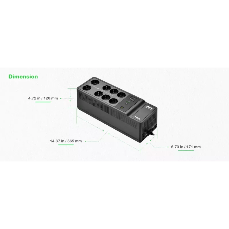 APC Back-UPS, 1050VA/600W montaje en suelo/pared, 230V, 8x tomas Schuko CEE 7/3, conector USB Type A+C, batería reemplazable