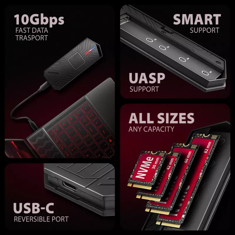 Axagon EEM2-GAM carcasa externa USB-C 10Gbps de metal para SSD M.2 NVMe y SATA. Sin tornillos