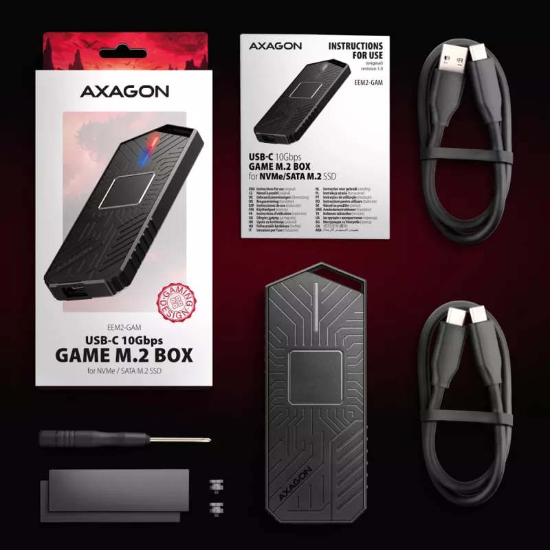 Axagon EEM2-GAM carcasa externa USB-C 10Gbps de metal para SSD M.2 NVMe y SATA. Sin tornillos