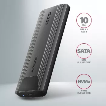 Axagon EEM2-GTS2 carcasa externa USB-C 10Gbit/s de metal para SSD M.2 NVMe y SATA. Sin tornillos