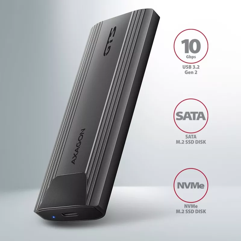Axagon EEM2-GTS2 carcasa externa USB-C 10Gbit/s de metal para SSD M.2 NVMe y SATA. Sin tornillos