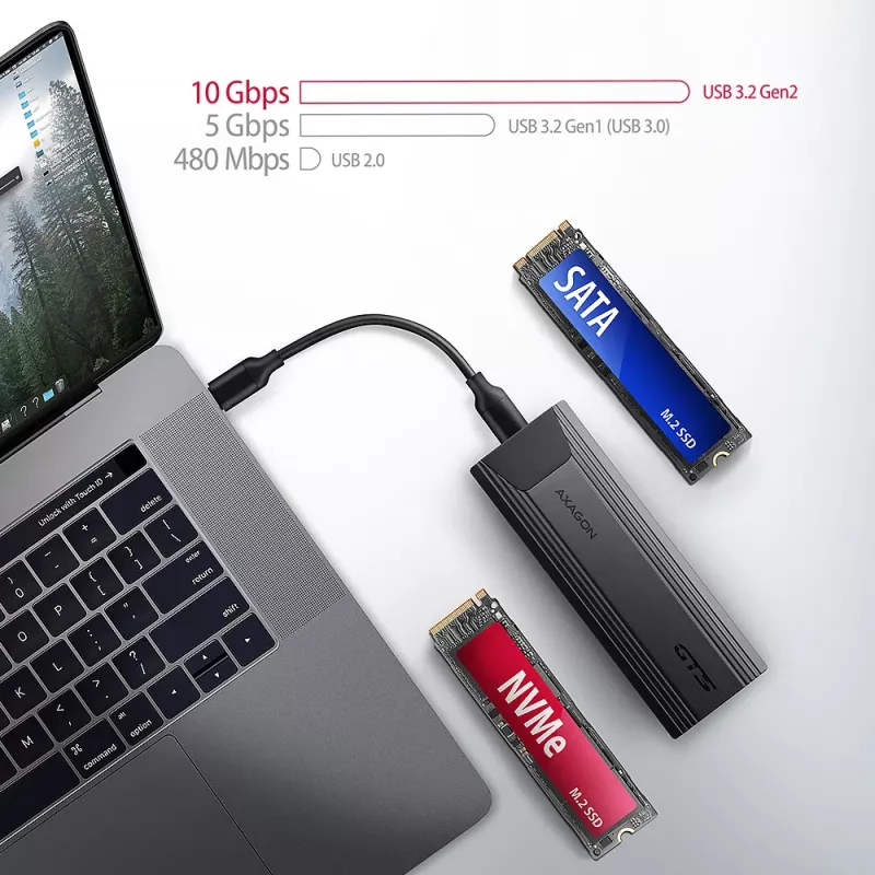 Axagon EEM2-GTS2 carcasa externa USB-C 10Gbit/s de metal para SSD M.2 NVMe y SATA. Sin tornillos