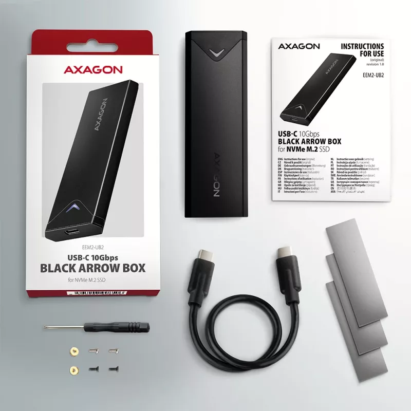 Axagon EEM2-UB2 carcasa externa USB-C 10Gbps de metal para SSD M.2 NVMe. Negro