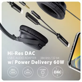 Axagon ADA-HCPD adaptador de audio USB-C a jack de 3,5 mm – DAC Hi-Res, 384 kHz/32 bits, PD 60 W 3 A