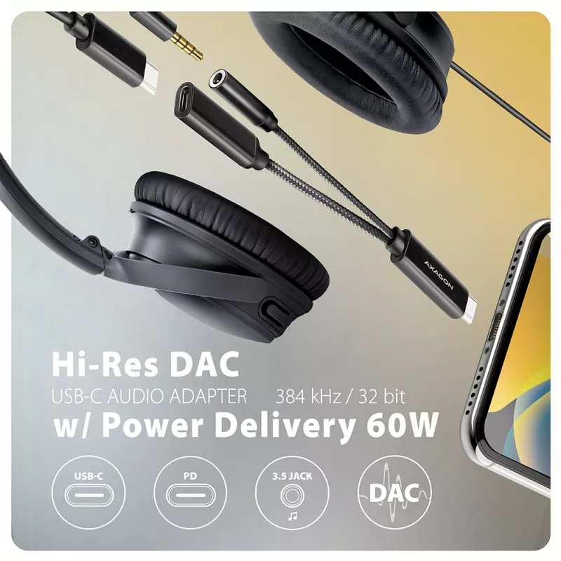Axagon ADA-HCPD adaptador de audio USB-C a jack de 3,5 mm – DAC Hi-Res, 384 kHz/32 bits, PD 60 W 3 A