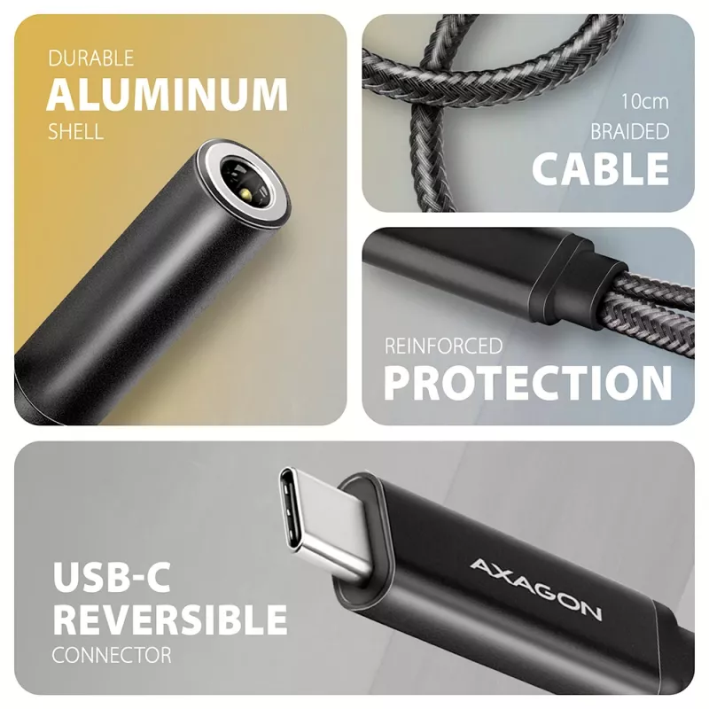Axagon ADA-HCPD adaptador de audio USB-C a jack de 3,5 mm – DAC Hi-Res, 384 kHz/32 bits, PD 60 W 3 A