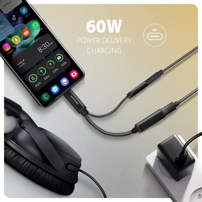 Axagon ADA-HCPD adaptador de audio USB-C a jack de 3,5 mm – DAC Hi-Res, 384 kHz/32 bits, PD 60 W 3 A