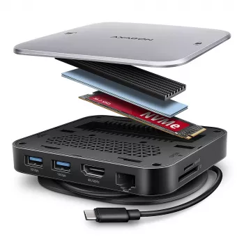 Axagon HMC-UFO Hub USB-C M.2 SATA/NVMe 1 Gbit/s Ethernet 384 kHz Audio USB 3.2 Gen 2 (3.1 Gen 2) Type-C con cable Negro