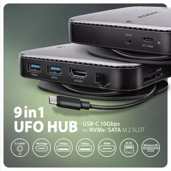 Axagon HMC-UFO Hub USB-C M.2 SATA/NVMe 1 Gbit/s Ethernet 384 kHz Audio USB 3.2 Gen 2 (3.1 Gen 2) Type-C con cable Negro