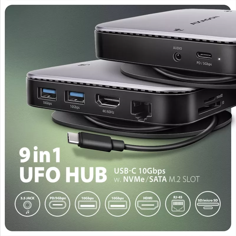 Axagon HMC-UFO Hub USB-C M.2 SATA/NVMe 1 Gbit/s Ethernet 384 kHz Audio USB 3.2 Gen 2 (3.1 Gen 2) Type-C con cable Negro