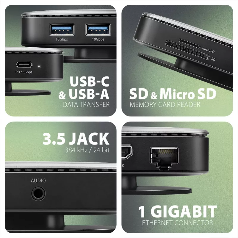 Axagon HMC-UFO Hub USB-C M.2 SATA/NVMe 1 Gbit/s Ethernet 384 kHz Audio USB 3.2 Gen 2 (3.1 Gen 2) Type-C con cable Negro