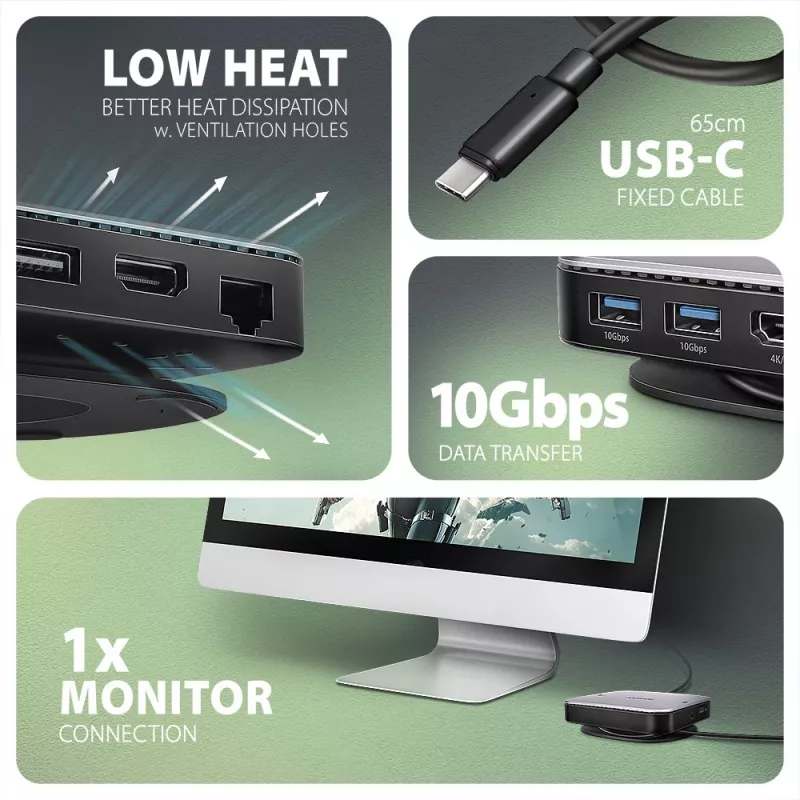 Axagon HMC-UFO Hub USB-C M.2 SATA/NVMe 1 Gbit/s Ethernet 384 kHz Audio USB 3.2 Gen 2 (3.1 Gen 2) Type-C con cable Negro