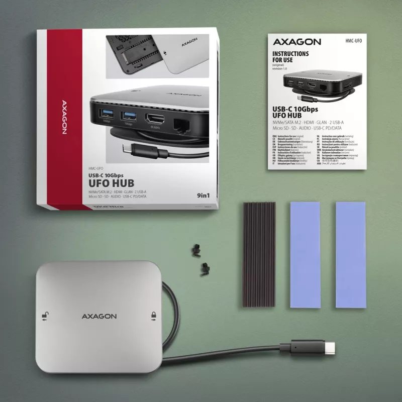 Axagon HMC-UFO Hub USB-C M.2 SATA/NVMe 1 Gbit/s Ethernet 384 kHz Audio USB 3.2 Gen 2 (3.1 Gen 2) Type-C con cable Negro
