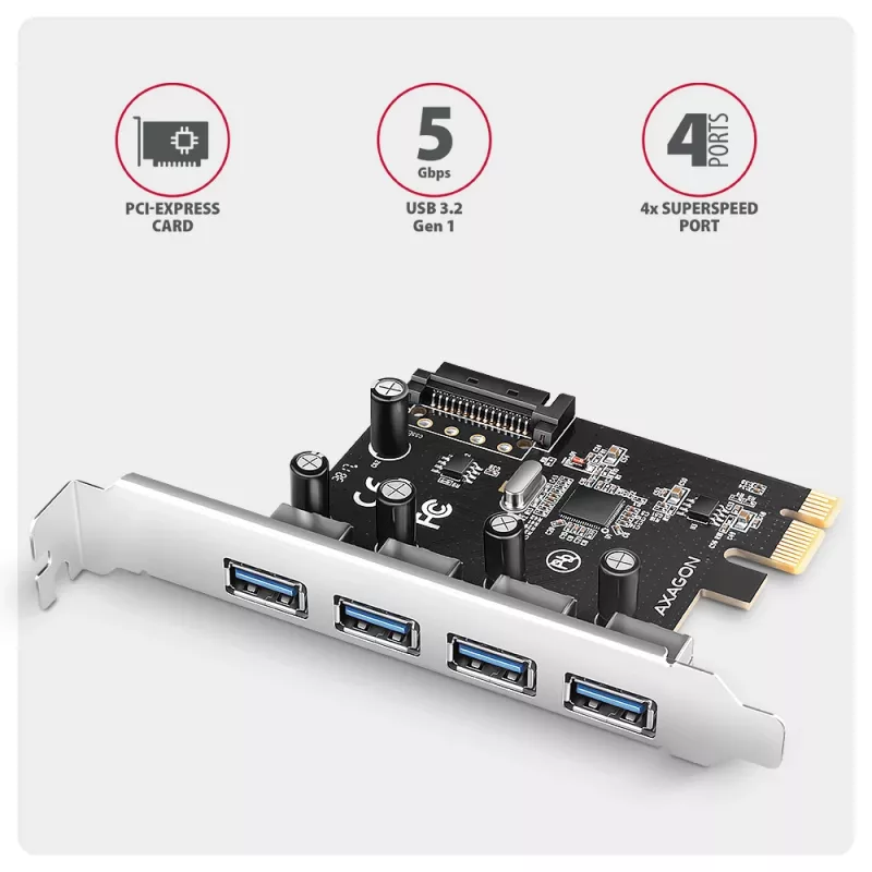 Axagon PCEU-430RS tarjeta controladora PCIe 2.0 x1, 4x USB-A externos 5 Gbps (USB 3.2 Gen 1), Renesas PD720201, UASP, alimentación SATA de 15 pines