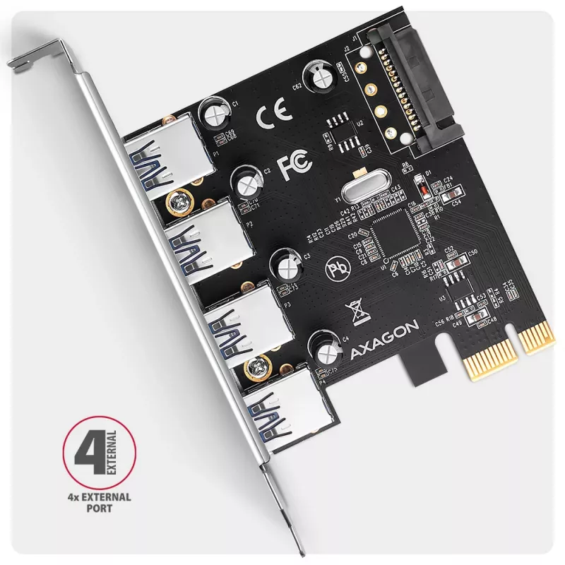 Axagon PCEU-430RS tarjeta controladora PCIe 2.0 x1, 4x USB-A externos 5 Gbps (USB 3.2 Gen 1), Renesas PD720201, UASP, alimentación SATA de 15 pines