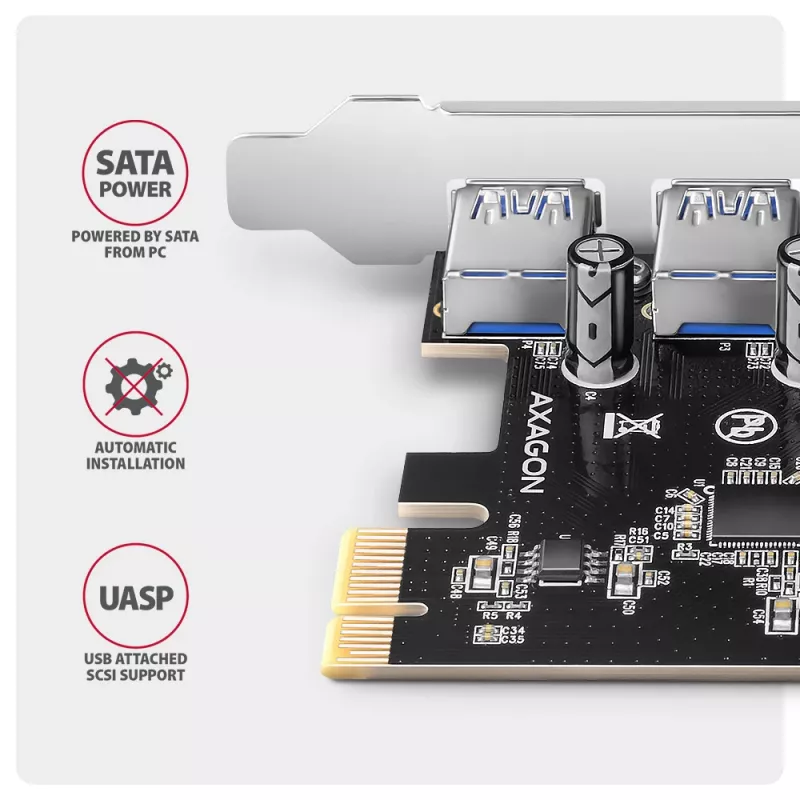 Axagon PCEU-430RS tarjeta controladora PCIe 2.0 x1, 4x USB-A externos 5 Gbps (USB 3.2 Gen 1), Renesas PD720201, UASP, alimentación SATA de 15 pines