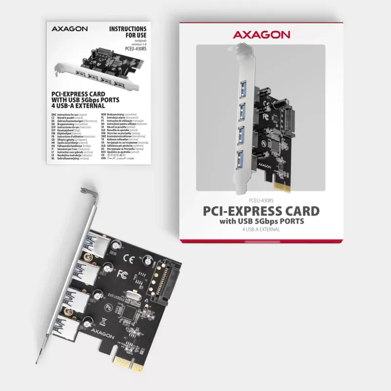 Axagon PCEU-430RS tarjeta controladora PCIe 2.0 x1, 4x USB-A externos 5 Gbps (USB 3.2 Gen 1), Renesas PD720201, UASP, alimentación SATA de 15 pines