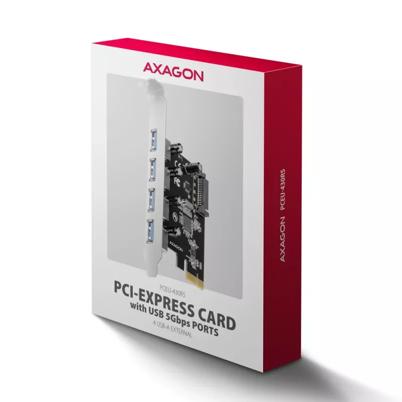 Axagon PCEU-430RS tarjeta controladora PCIe 2.0 x1, 4x USB-A externos 5 Gbps (USB 3.2 Gen 1), Renesas PD720201, UASP, alimentación SATA de 15 pines