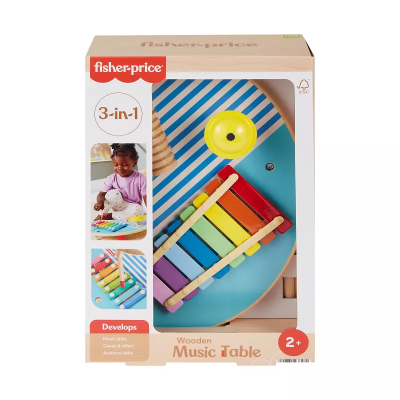 Fisher-Price Mesa de música de madera con instrumentos de percusión, 3 piezas de madera