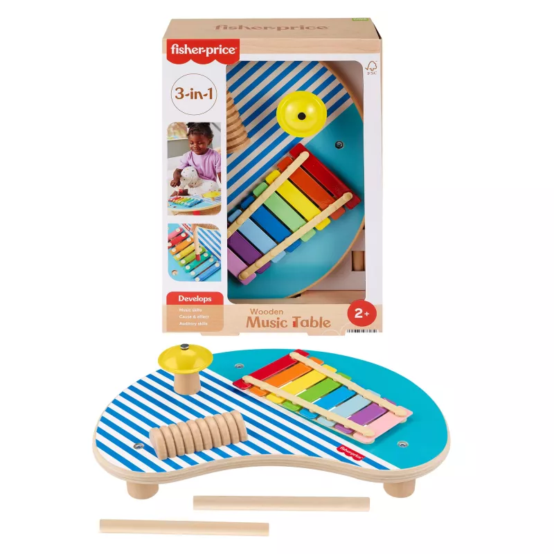 Fisher-Price Mesa de música de madera con instrumentos de percusión, 3 piezas de madera
