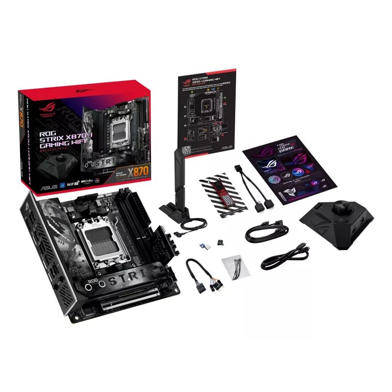 Placa base ASUS ROG STRIX X870-I GAMING WIFI mini ITX · AMD X870 · Socket AM5 · DDR5 · 2 DIMM · Wi-Fi 7 · Bluetooth 5.4