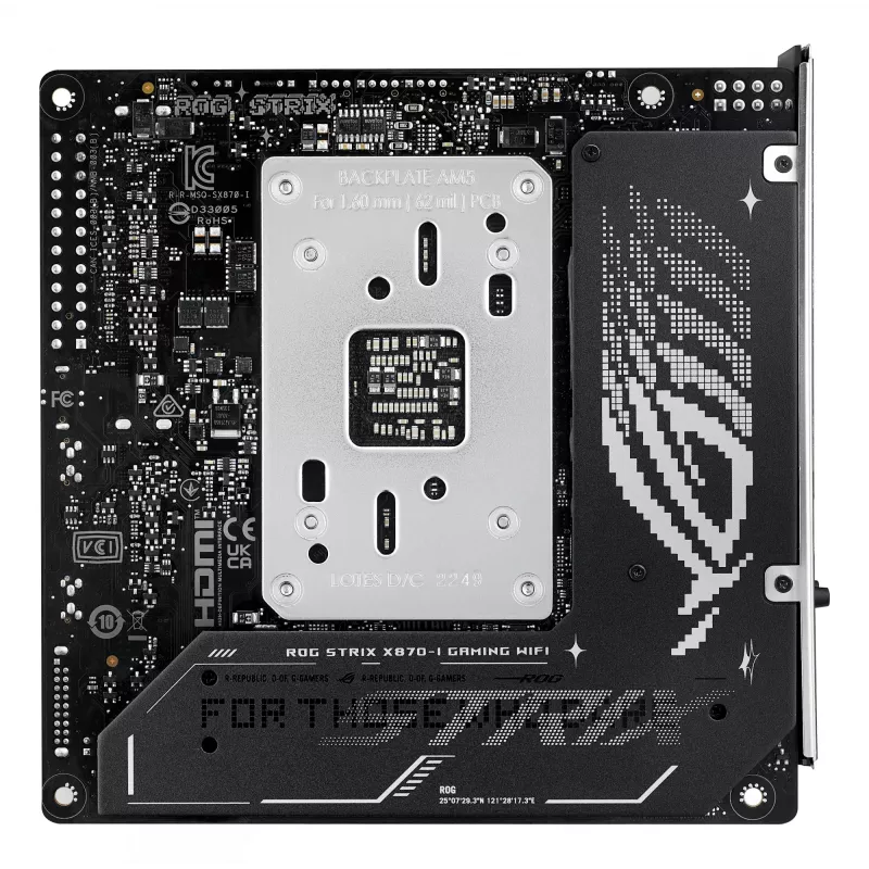 Placa base ASUS ROG STRIX X870-I GAMING WIFI mini ITX · AMD X870 · Socket AM5 · DDR5 · 2 DIMM · Wi-Fi 7 · Bluetooth 5.4