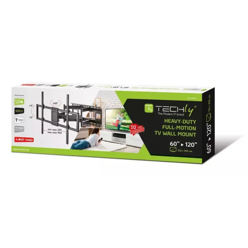 Soporte de pared fino Techly para TV LCD LED de 60-120 pulgadas negro capacidad máxima de peso 120 kg