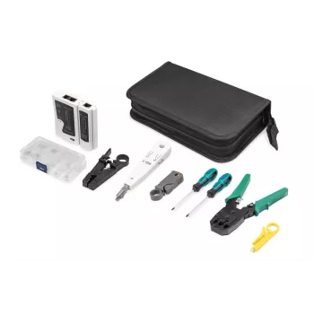 Set de herramientas de red DIGITUS - comprobador LAN herramienta de crimpado herramienta de corte y pelado herramienta de inserción bolsa 12 piezas