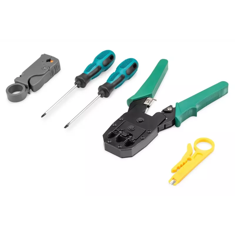 Set de herramientas de red DIGITUS - comprobador LAN herramienta de crimpado herramienta de corte y pelado herramienta de inserción bolsa 12 piezas