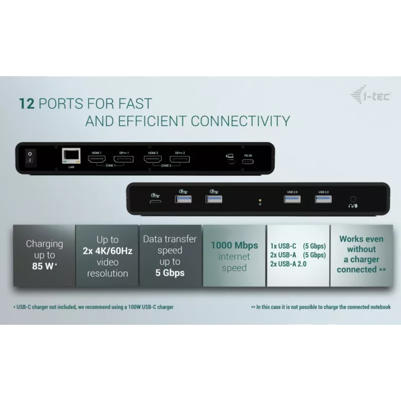 Estación de acoplamiento universal i-tec Dual 4K Display + Power Delivery 85W