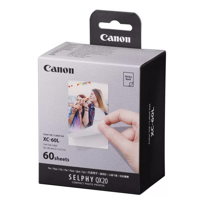 Canon XC-60L, sublimación de color, 5,4x8,5 cm, 60 uds. Canon XC-60L. Tecnología de impresión: sublimación de color, tamaño de papel: 5,4x8,5 cm. Cantidad por pack: 60 uds.