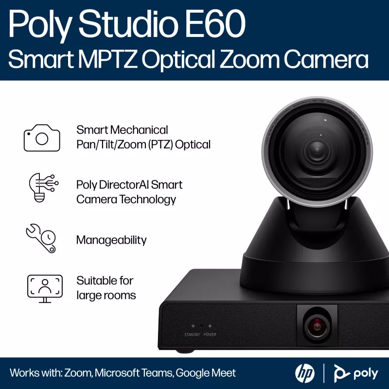 HP Poly Studio E60 Cámara inteligente 4K MPTZ con zoom óptico 12x