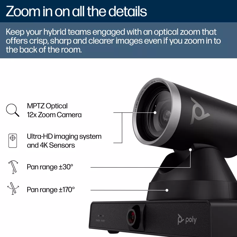 HP Poly Studio E60 Cámara inteligente 4K MPTZ con zoom óptico 12x