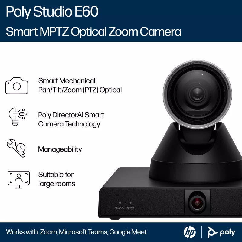 HP Poly Studio E60 Cámara inteligente 4K MPTZ con zoom óptico 12x