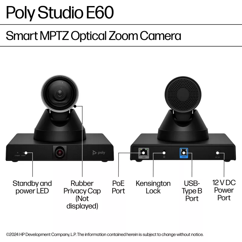 HP Poly Studio E60 Cámara inteligente 4K MPTZ con zoom óptico 12x