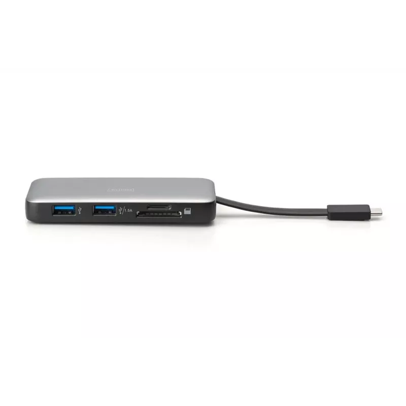 DIGITUS Estación de acoplamiento de viaje USB-C, 7 puertos - HDMI / 2x USB-A 3.2 Gen 1 / GbE / SD / MicroSD - 100W USB-C Power Delivery
