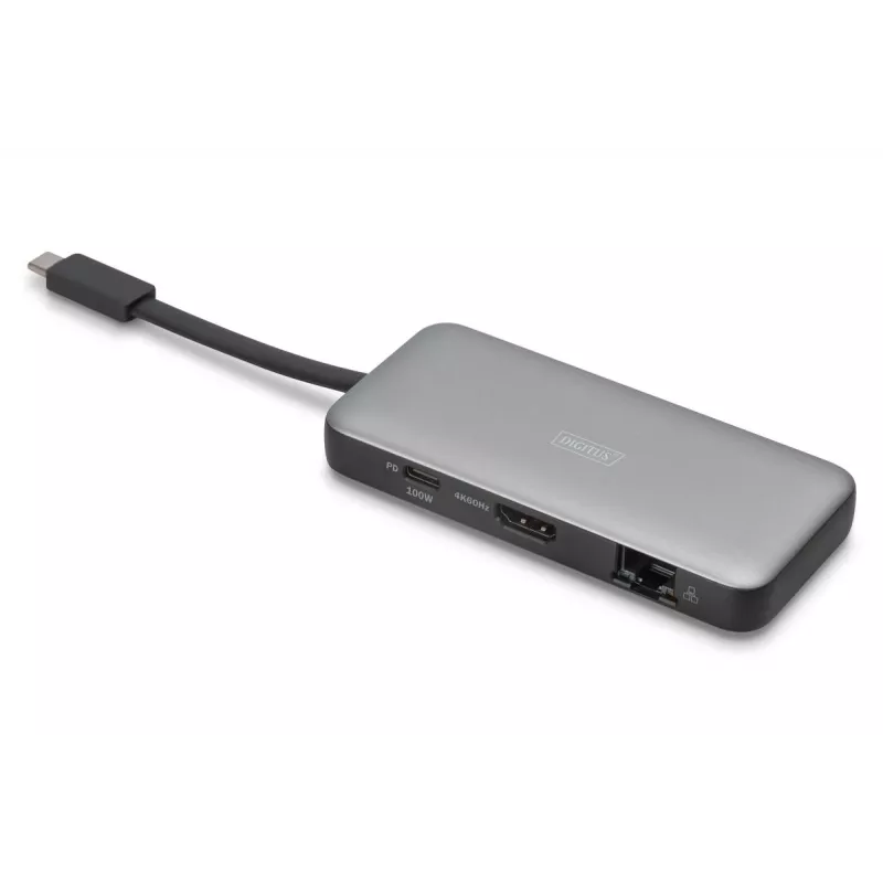 DIGITUS Estación de acoplamiento de viaje USB-C, 7 puertos - HDMI / 2x USB-A 3.2 Gen 1 / GbE / SD / MicroSD - 100W USB-C Power Delivery