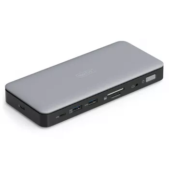 DIGITUS Estación de acoplamiento USB-C, 11 puertos - 2x HDMI / DP / 2x USB-A 3.2 Gen 2 / USB-C 3.2 Gen 2 / GbE / SD / MicroSD / conector hembra DC - máx. 150 vatios / 3,5 mm