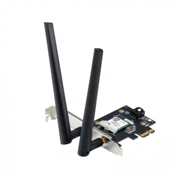Adaptador interno WLAN Bluetooth ASUS PCE-BE6500 — PCIe, Tri-Band Wi‑Fi 6E/7 (2,4/5/6 GHz), Bluetooth 5.4, 2882 Mbps, antena externa, negro