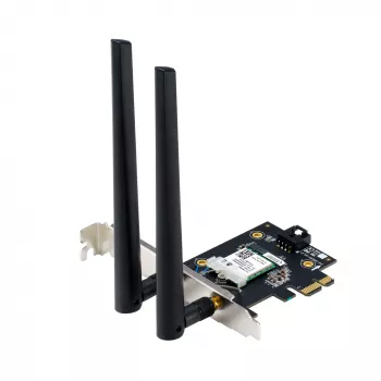 Adaptador interno WLAN Bluetooth ASUS PCE-BE6500 — PCIe, Tri-Band Wi‑Fi 6E/7 (2,4/5/6 GHz), Bluetooth 5.4, 2882 Mbps, antena externa, negro