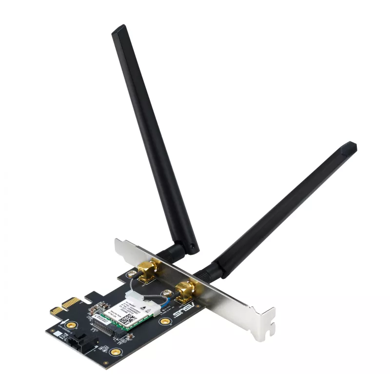 Adaptador interno WLAN Bluetooth ASUS PCE-BE6500 — PCIe, Tri-Band Wi‑Fi 6E/7 (2,4/5/6 GHz), Bluetooth 5.4, 2882 Mbps, antena externa, negro