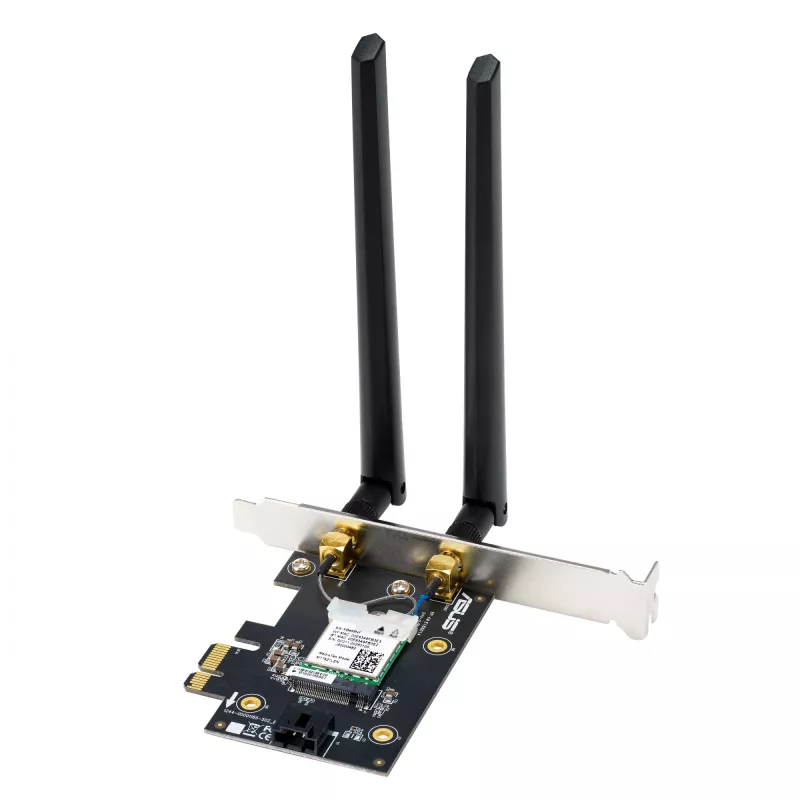 Adaptador interno WLAN Bluetooth ASUS PCE-BE6500 — PCIe, Tri-Band Wi‑Fi 6E/7 (2,4/5/6 GHz), Bluetooth 5.4, 2882 Mbps, antena externa, negro