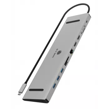 ICY BOX 11 en 1 vía USB Type-C, cableado, USB 3.2 Gen 1 (3.1 Gen 1) Type-C, 100 W, 3,5 mm, 10,100,1000 Mbit/s, antracita, negro